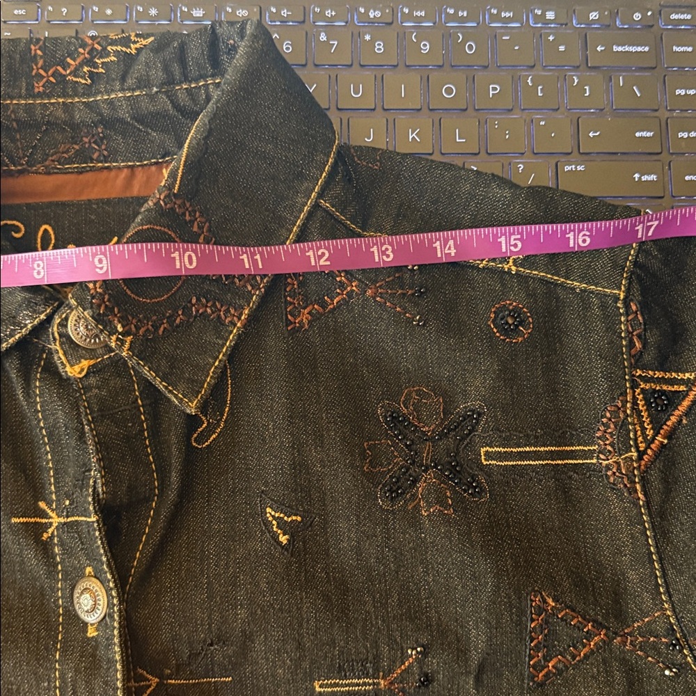 Chico's Jacket Womens 1 Medium Brown Native Southwest Embellished Denim Shacket - Picture 9 of 9